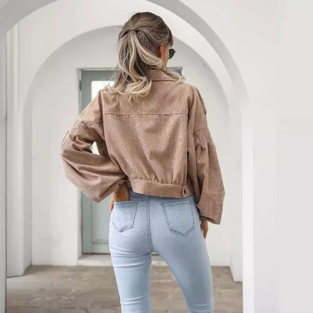 Women's Casual Polo Collar Corduroy Lantern Sleeve Jackets