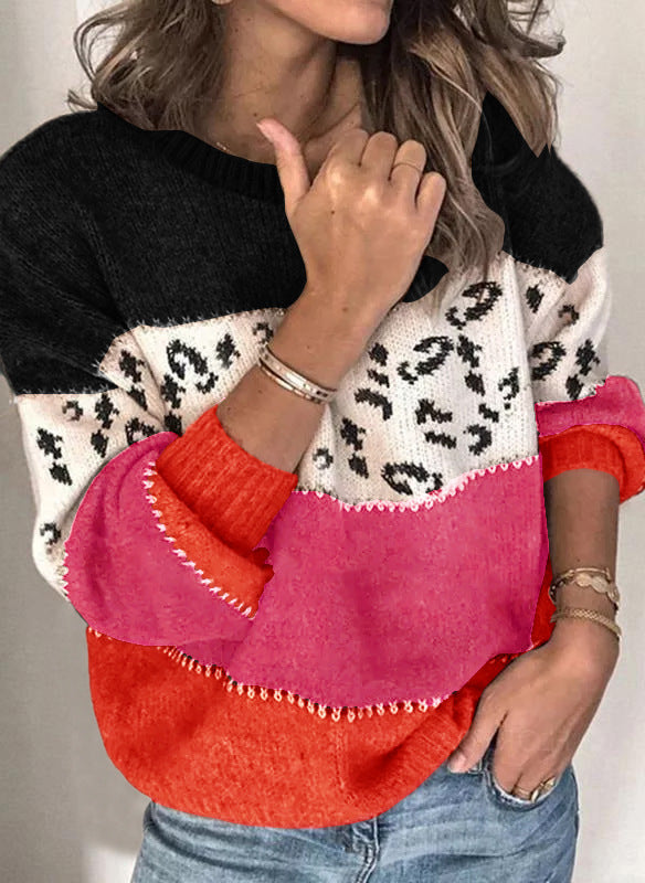 Spring Personality Leopard Splicing Fashionable Knitted Pullover Knitting Women's Sweater