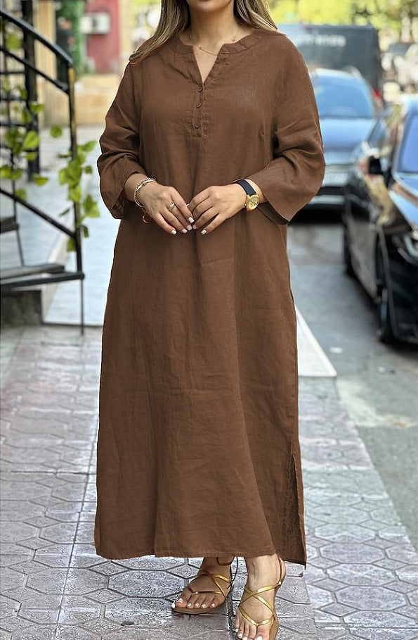 Cotton Linen Solid Color Long Sleeve Dress