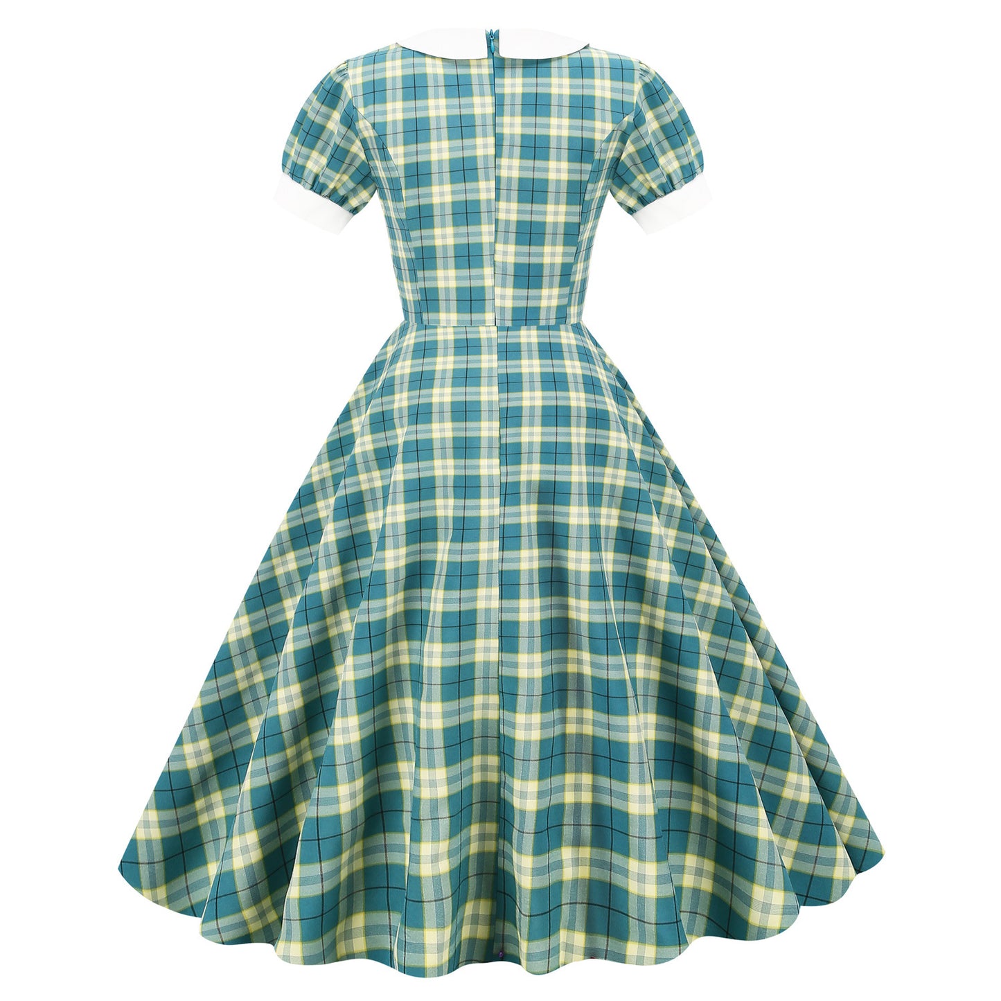 Plaid Contrast Color Peter Pan Collar Sleeve High Dresses