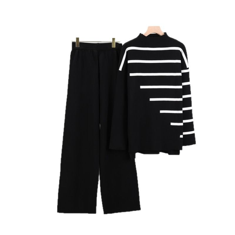 Women's Long Sleeve Striped Knitting Loose Mock Neck Suits