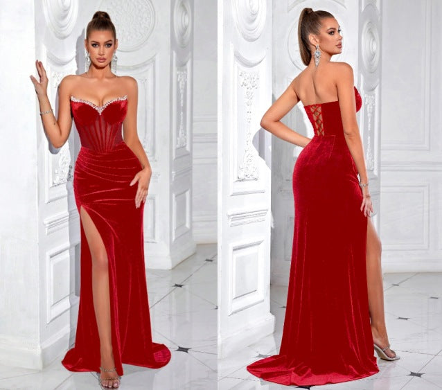 Pure Color Split Diamond Queen Temperament Dress