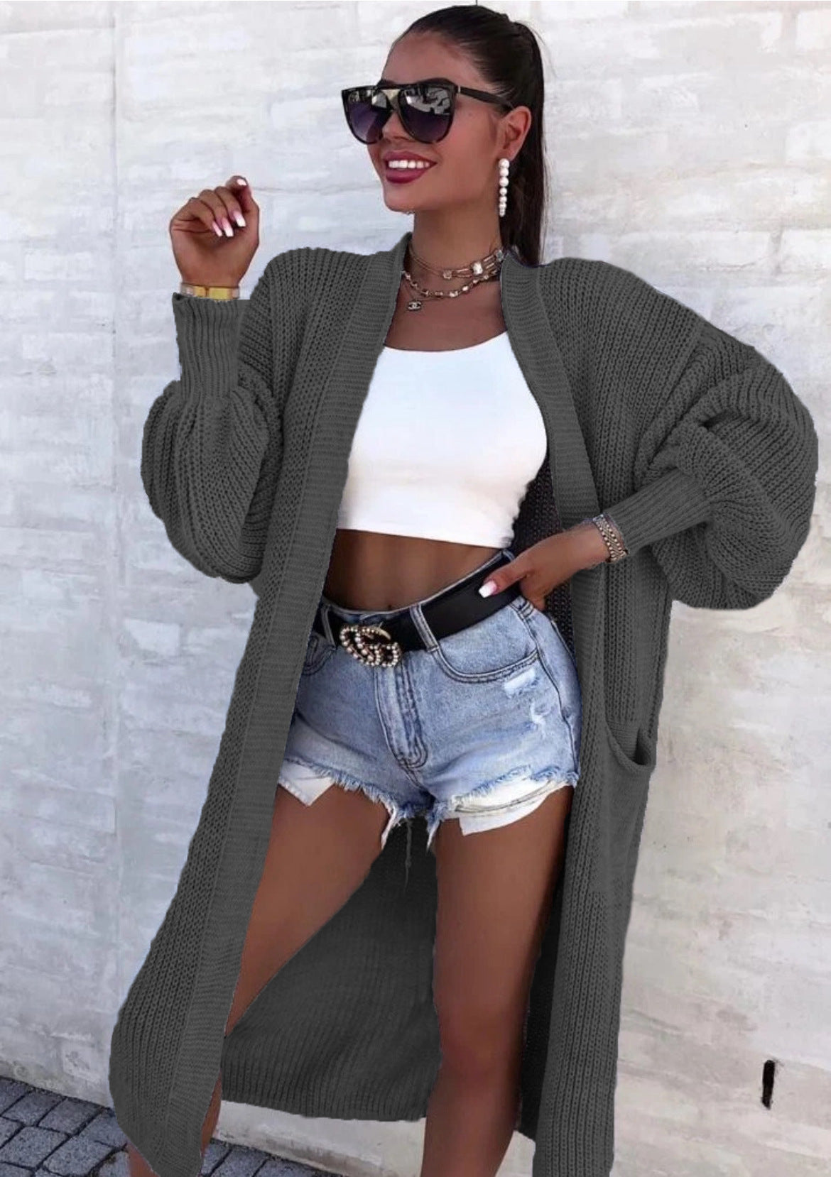 Women's Versatile Thick Needle Pocket Long Solid Knitwear