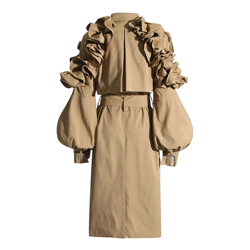 Women's Elegant Mid-length Trench Autumn Lapel Long Sleeve Ruffled Coats
