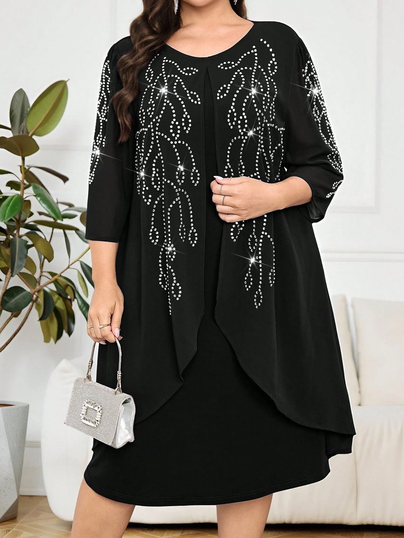 Women's Half Sleeve Rhinestone Temperament Commute Pullover Fake Dress