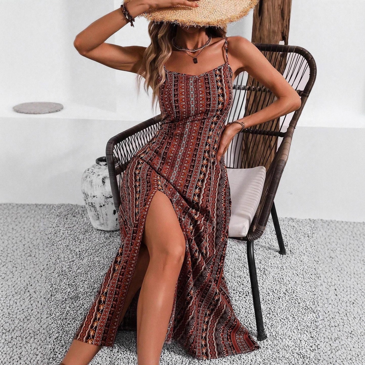 Women's Long Strap Slim Fit Slimming Slit Dress