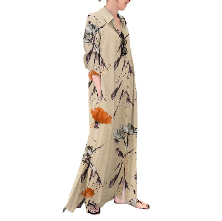 Lapel Long Sleeve Pocket Simple Loose Dresses