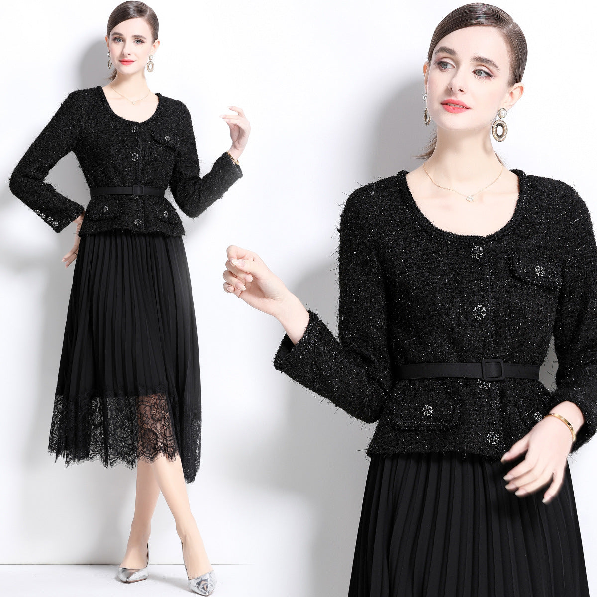 Sleeve Single-breasted Lace Up Waist Stitching Dresses