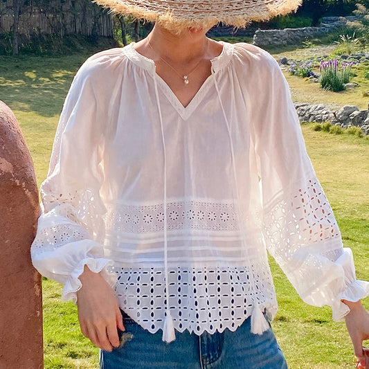 Women's Holiday French Style Shirt Design Long Sleeve White Blouses