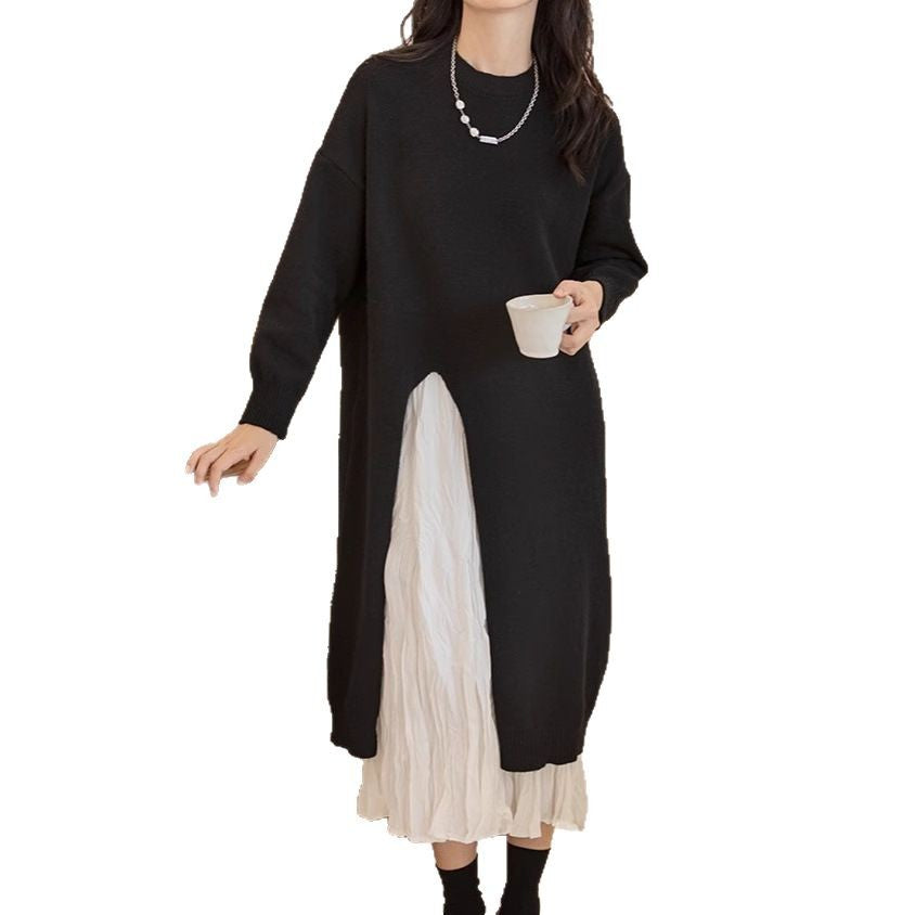Women's Style Design Knitted Dress Solid Color Loose Pullover Split Sweater