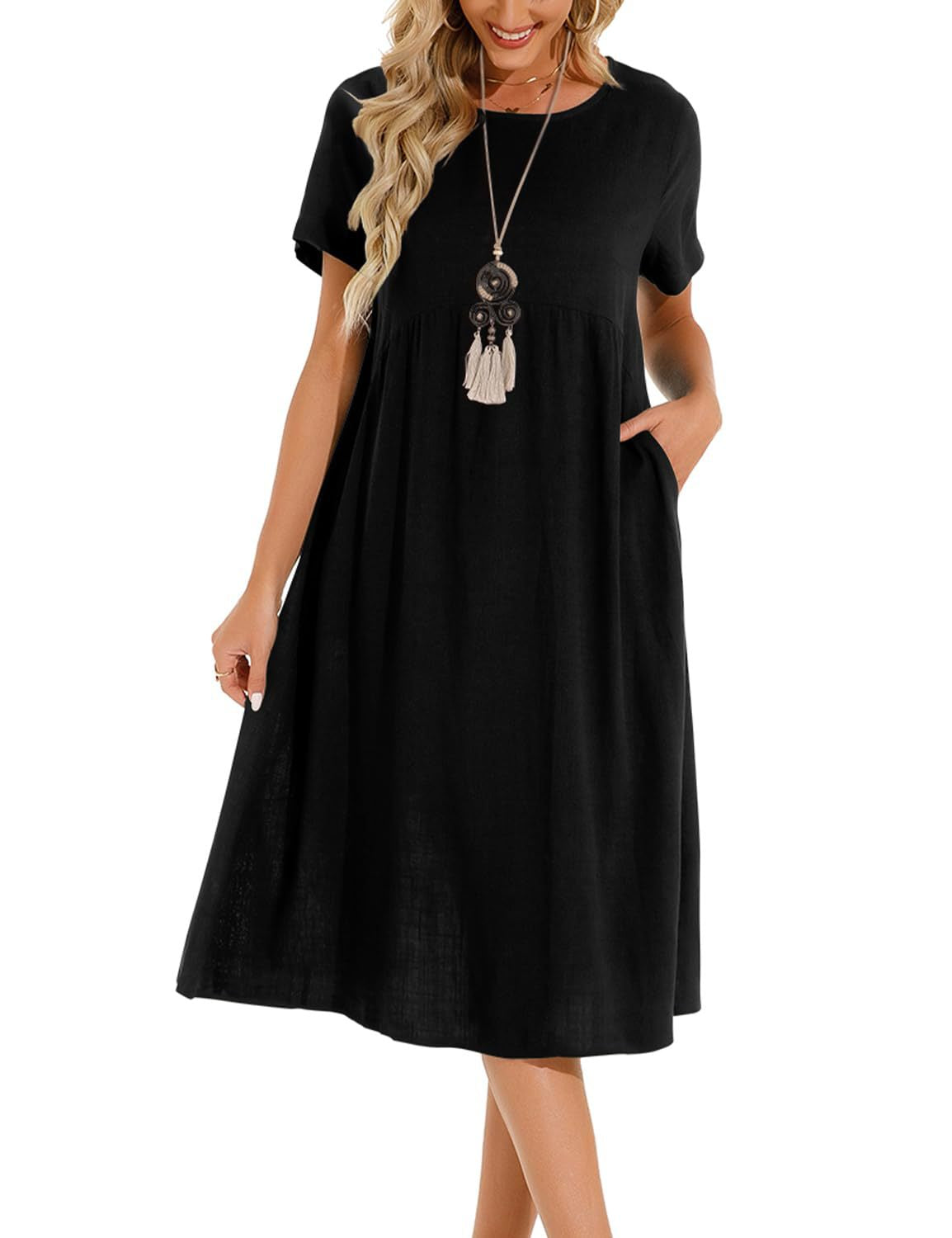 Neck Sleeve Large Casual Loose Long Solid Color Cotton Dresses