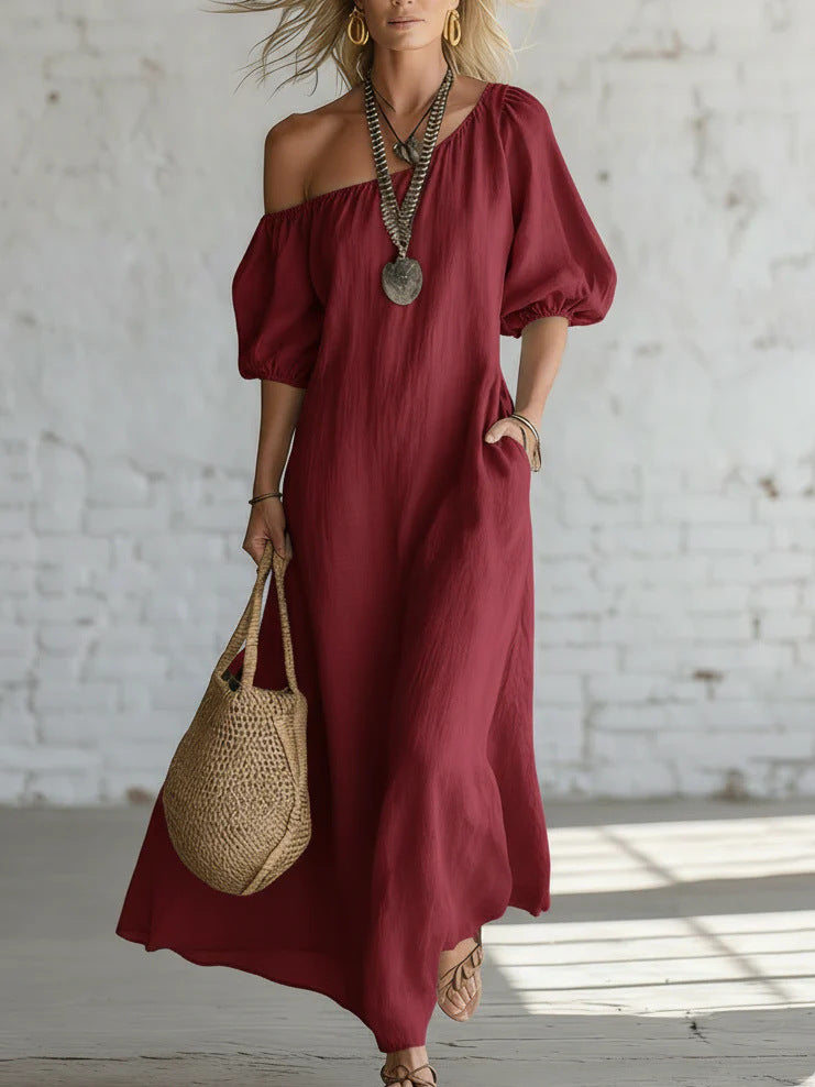 Women's Color Loose Shoulder High-grade Retro Long Cotton Dress