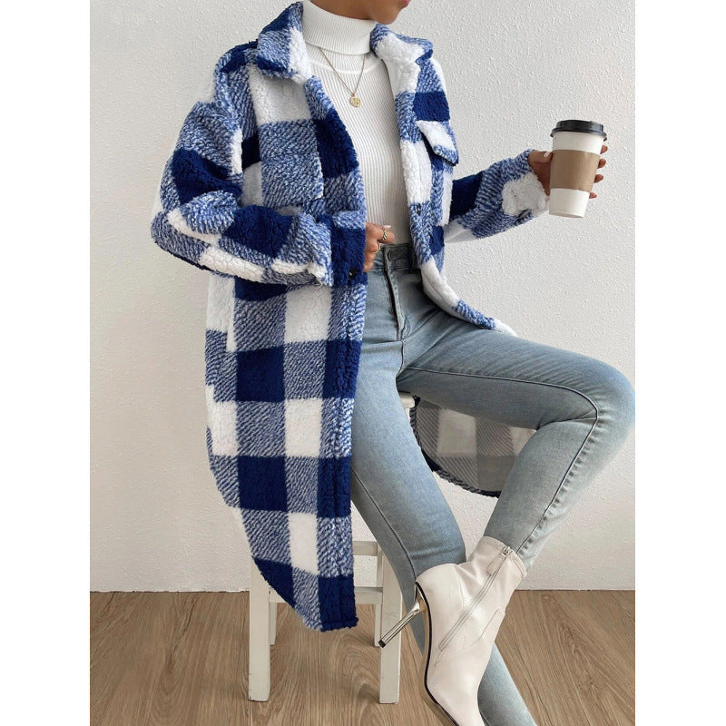 Women's Button Lapel Plush Plaid Loose Temperament Coats
