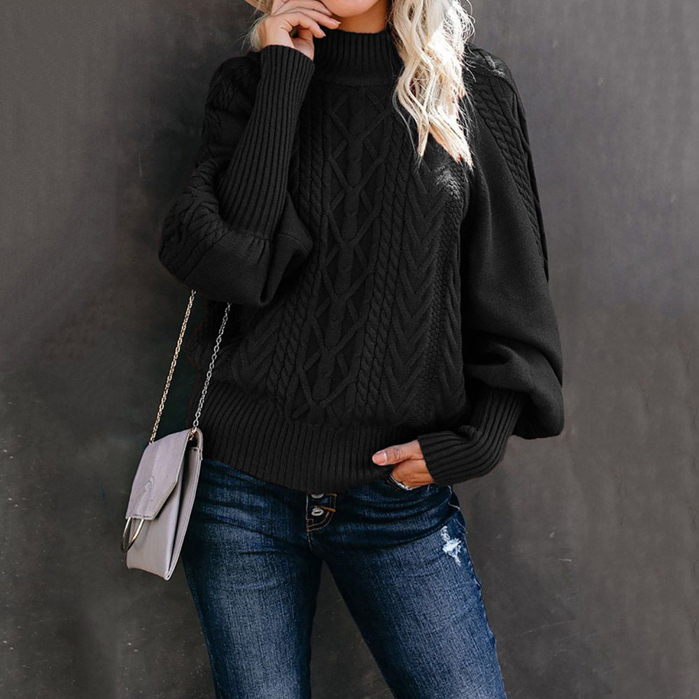 Women's Round Neck Knitted Solid Color Long Lantern Sleeve Sweater