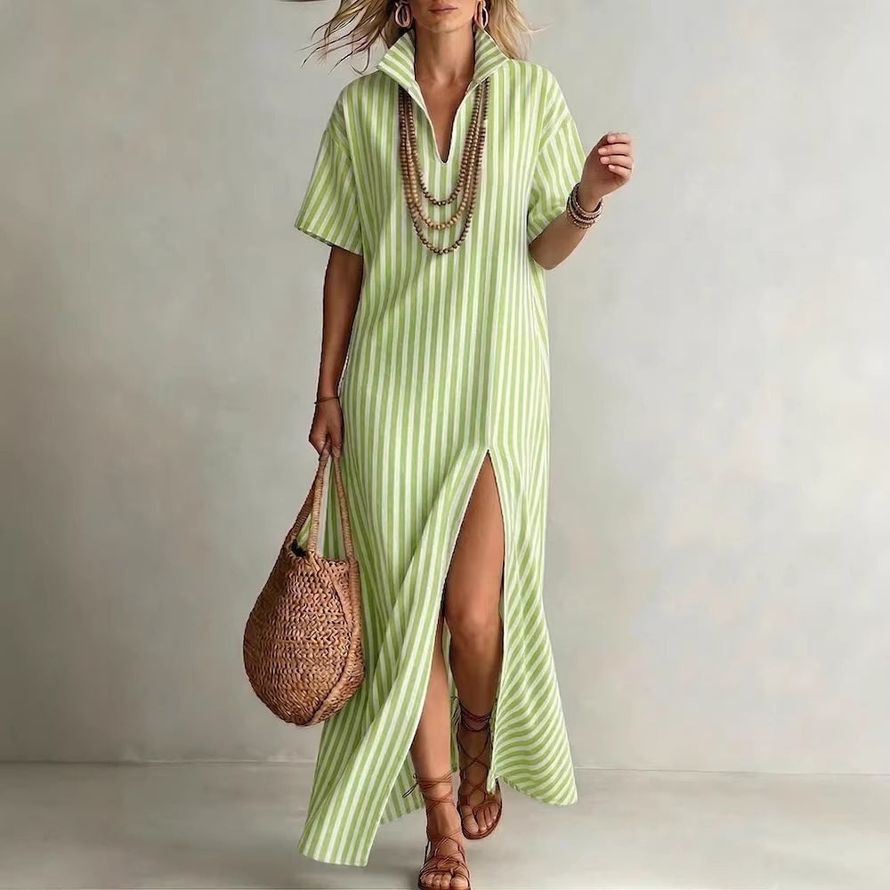 Women's Summer Sleeve Striped Slit For Dress