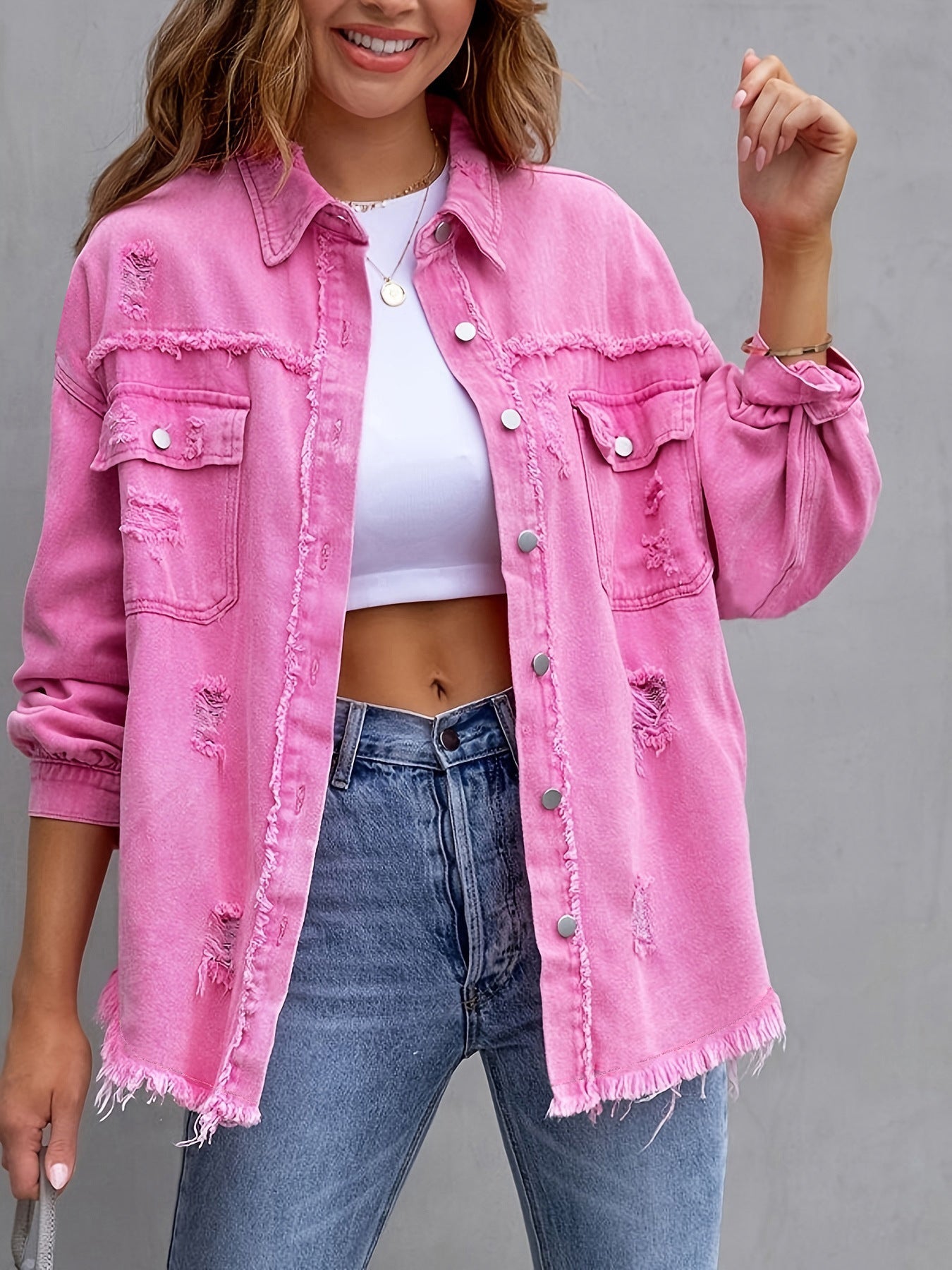 Women's Solid Color Loose Ripped Long Sleeves Jackets