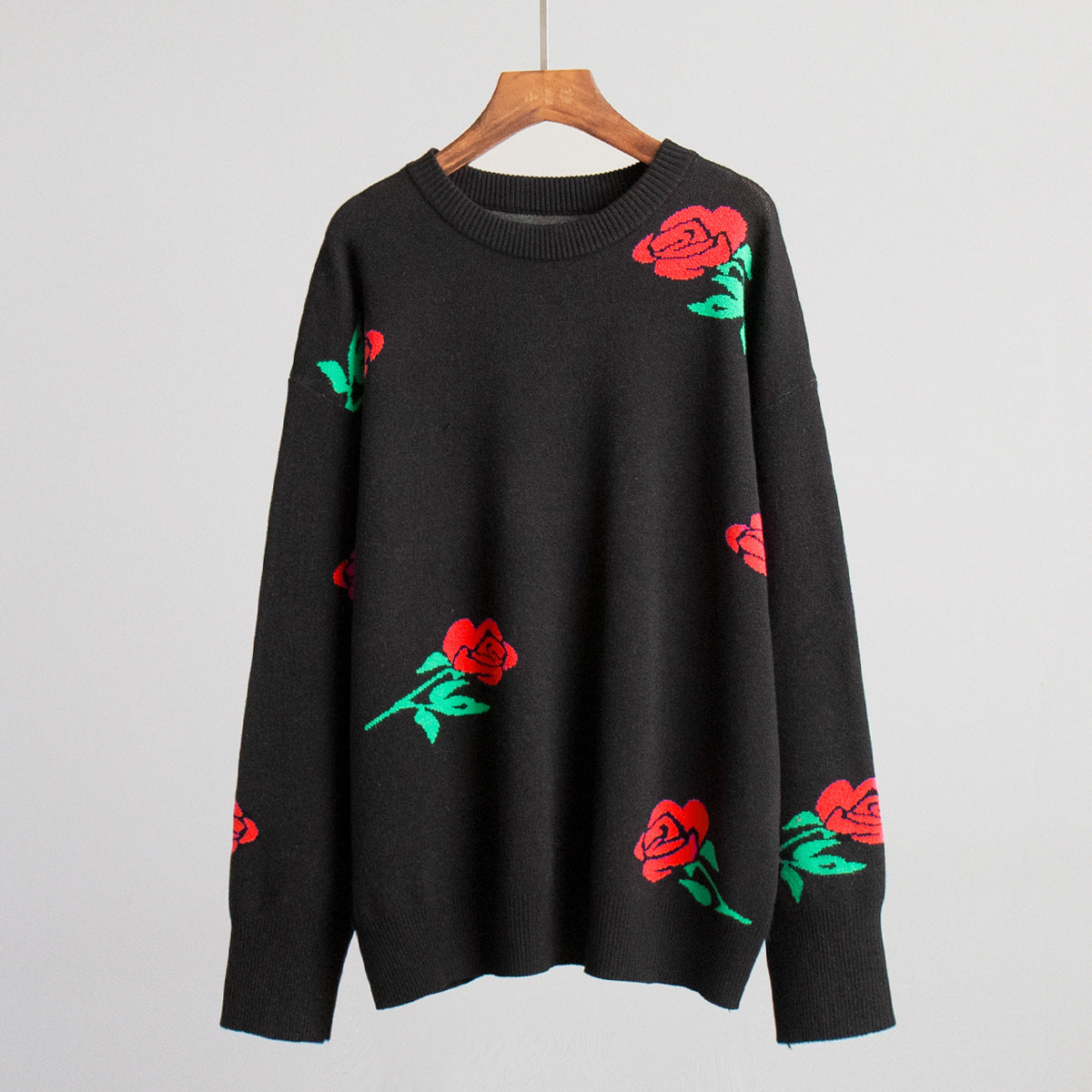 Women's Rose Printed Round Neck Loose Pullover Sweaters
