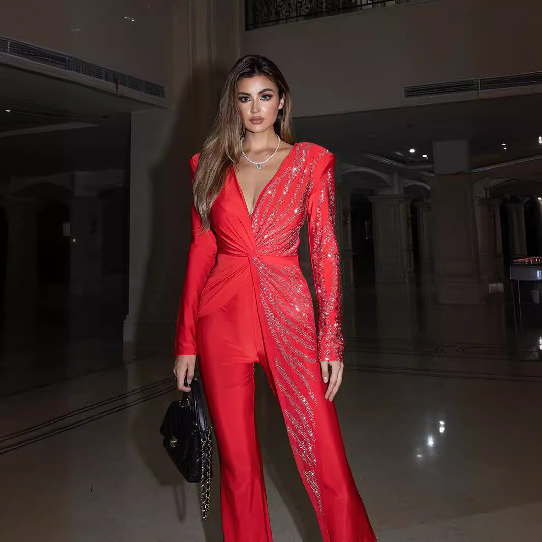 Women's Fashion Wear Shiny Rhinestone Sexy Deep Jumpsuits