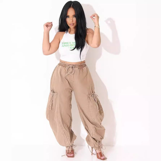 Women's Loose Street Casual Pleating Tied Elastic Jeans