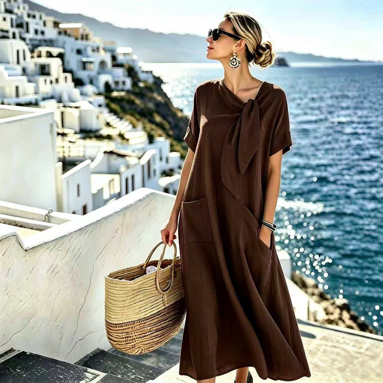 Sleeve Bow Pocket Wide Hem Loose Dress