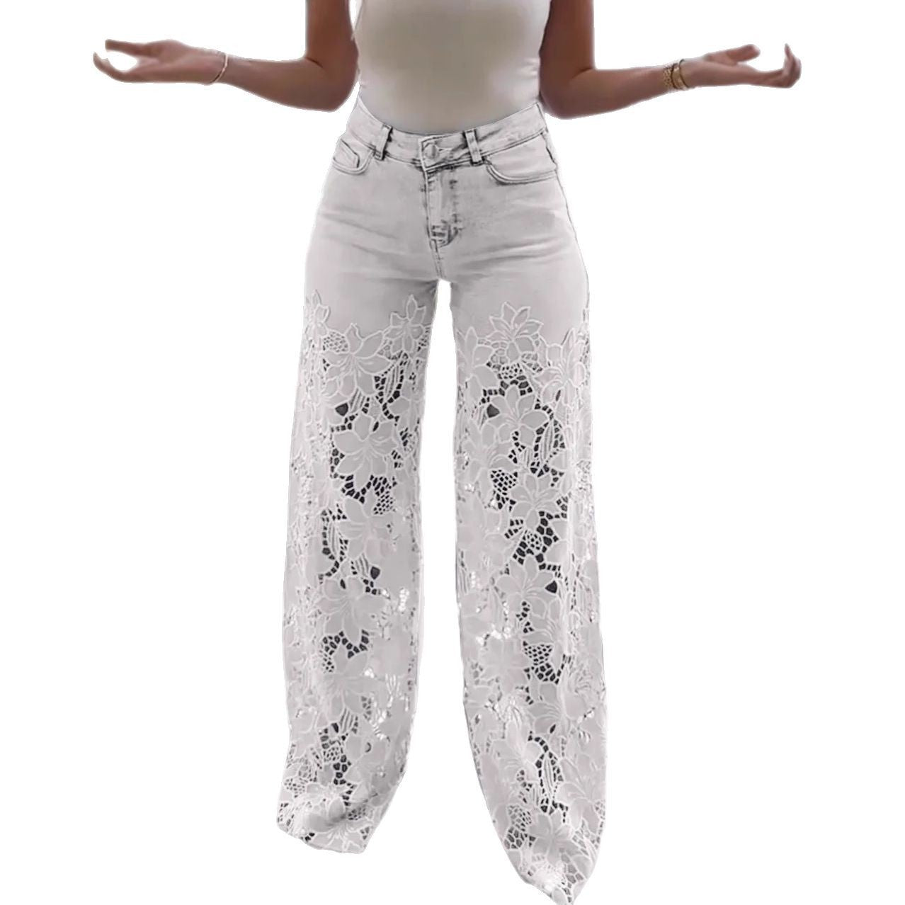 Women's High Waist Fashionable Temperamental Hollow Lace Jeans