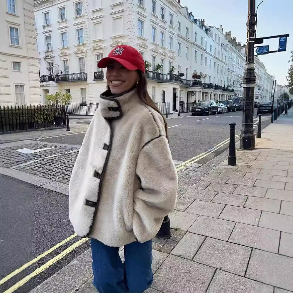 Women's Fleece Loose Stitching Stand Collar Fashionable Coats