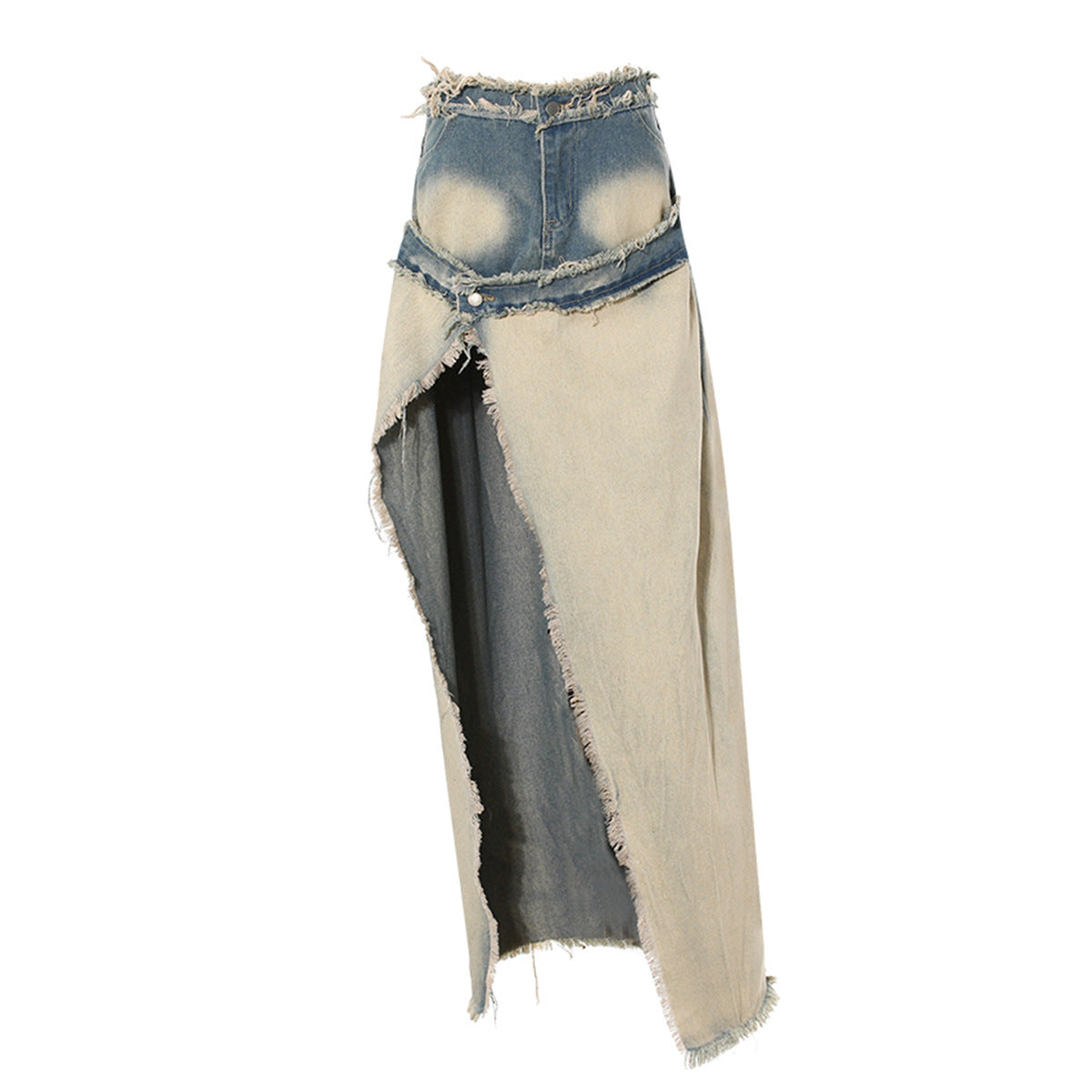 Washed Distressed Frayed Gradient Denim Split Skirts