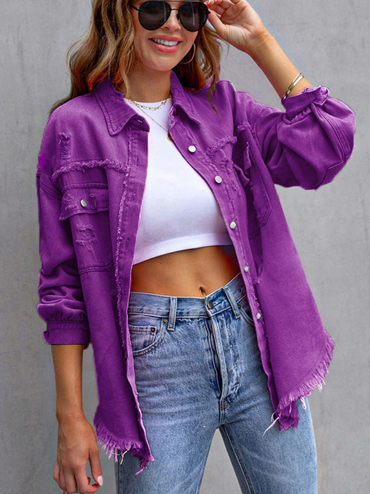 Women's Solid Color Loose Ripped Long Sleeves Jackets