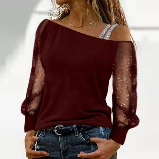Diagonal Collar Gauzy Long Sleeve T-shirt Fashion Blouses