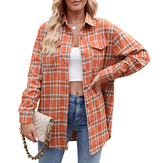 Women's Casual Fashion Loose Plaid Pocket Shirt Blouses