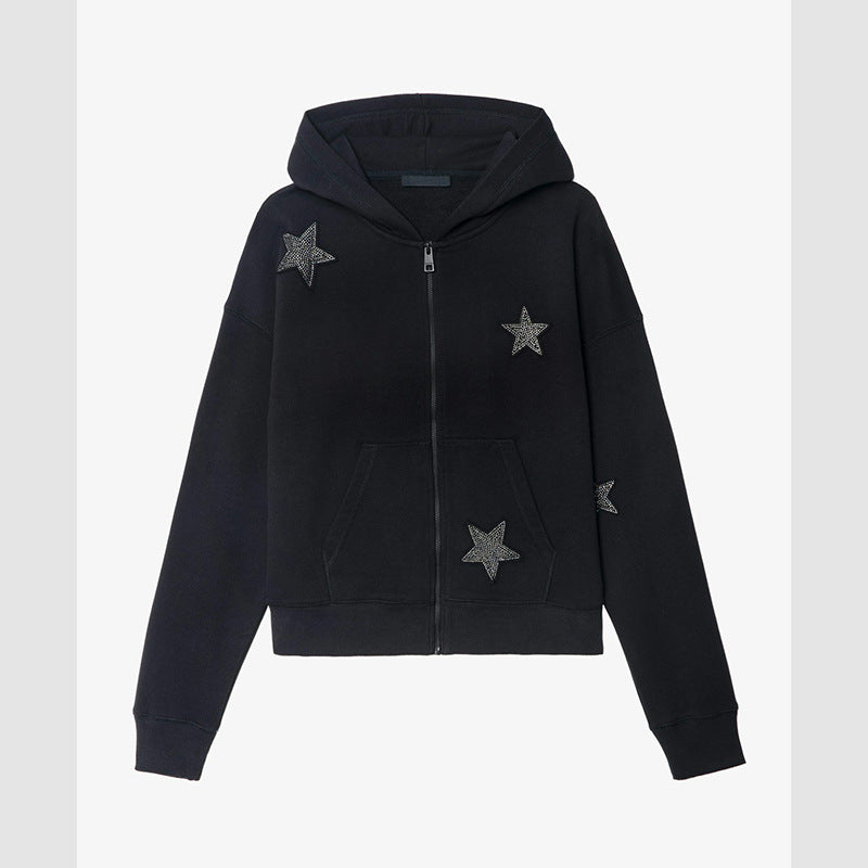 Women's Full Of Embroidered Patch Hot Drilling Fleece Zipper Hooded Sweaters