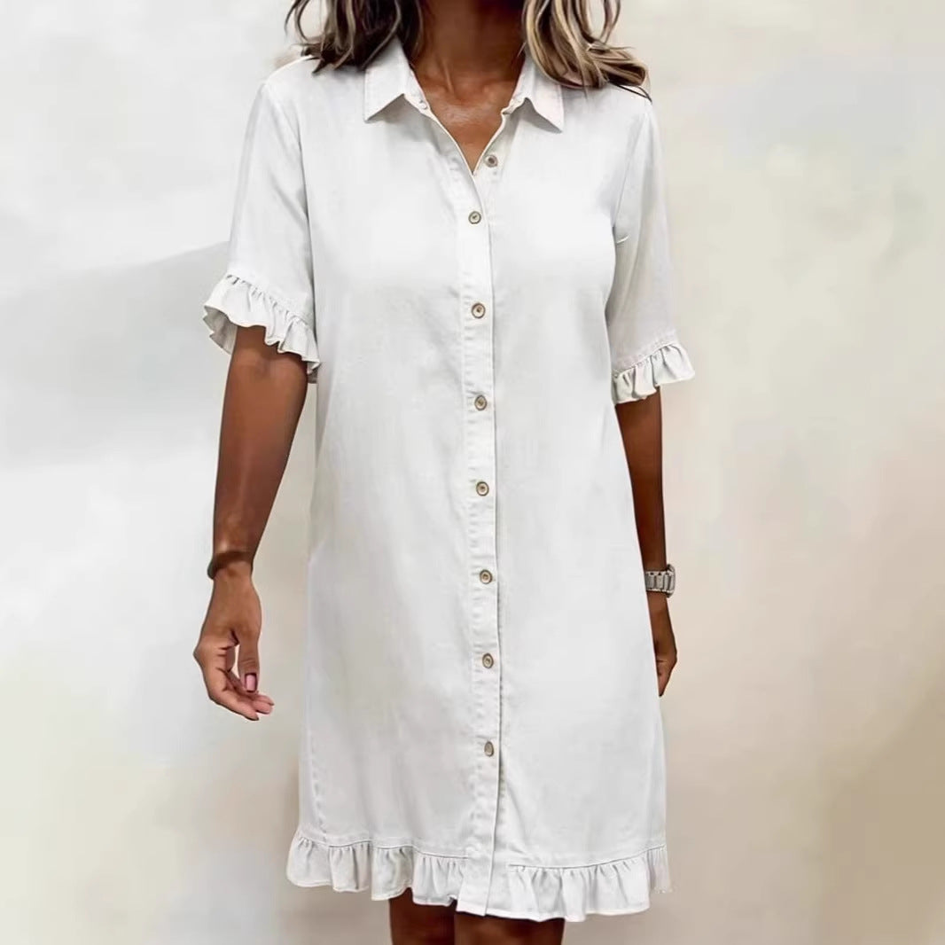 Women's Summer Loose Shirt Denim With Wooden Dress
