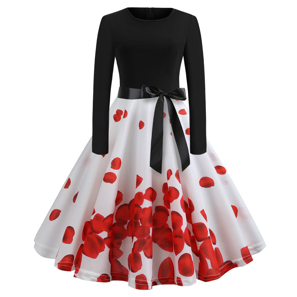 Women's Vintage Printed Long Sleeve Round Neck Sexy Mid-length Dress