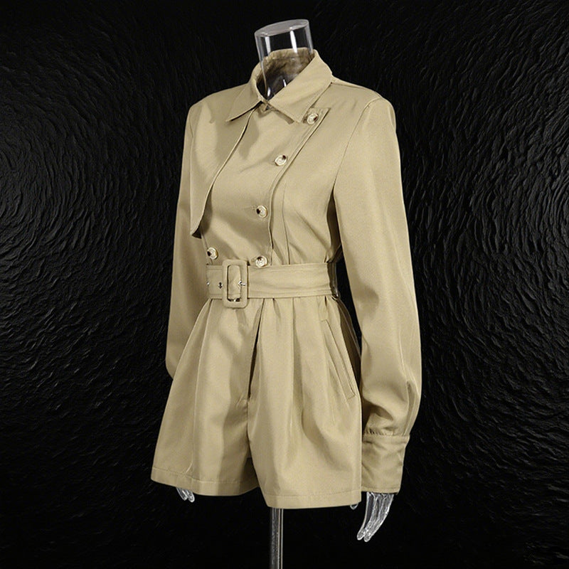 Women's British Casual Style Trench Autumn Lapel With Jumpsuits