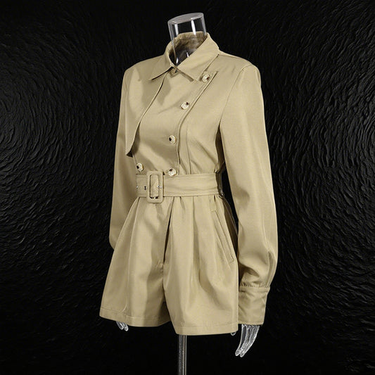 Women's British Casual Style Trench Autumn Lapel With Jumpsuits