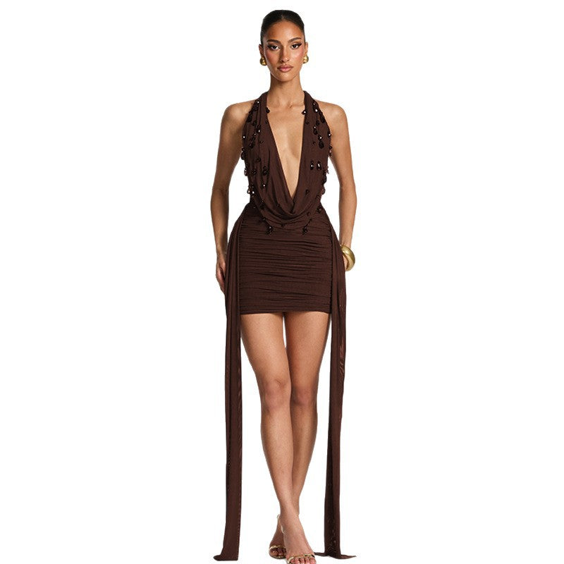 Women's Personalized Water Drop Decoration Sexy Deep Halter Backless Dress