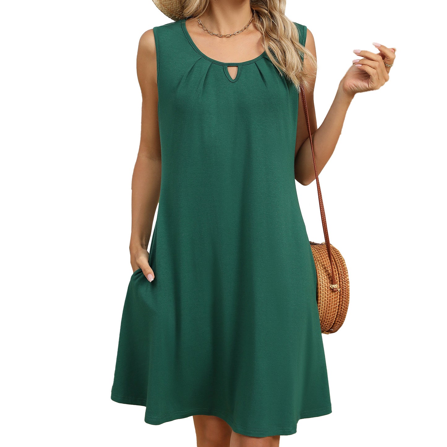 Solid Color Round Neck Hollow Pleated Sleeveless Dress