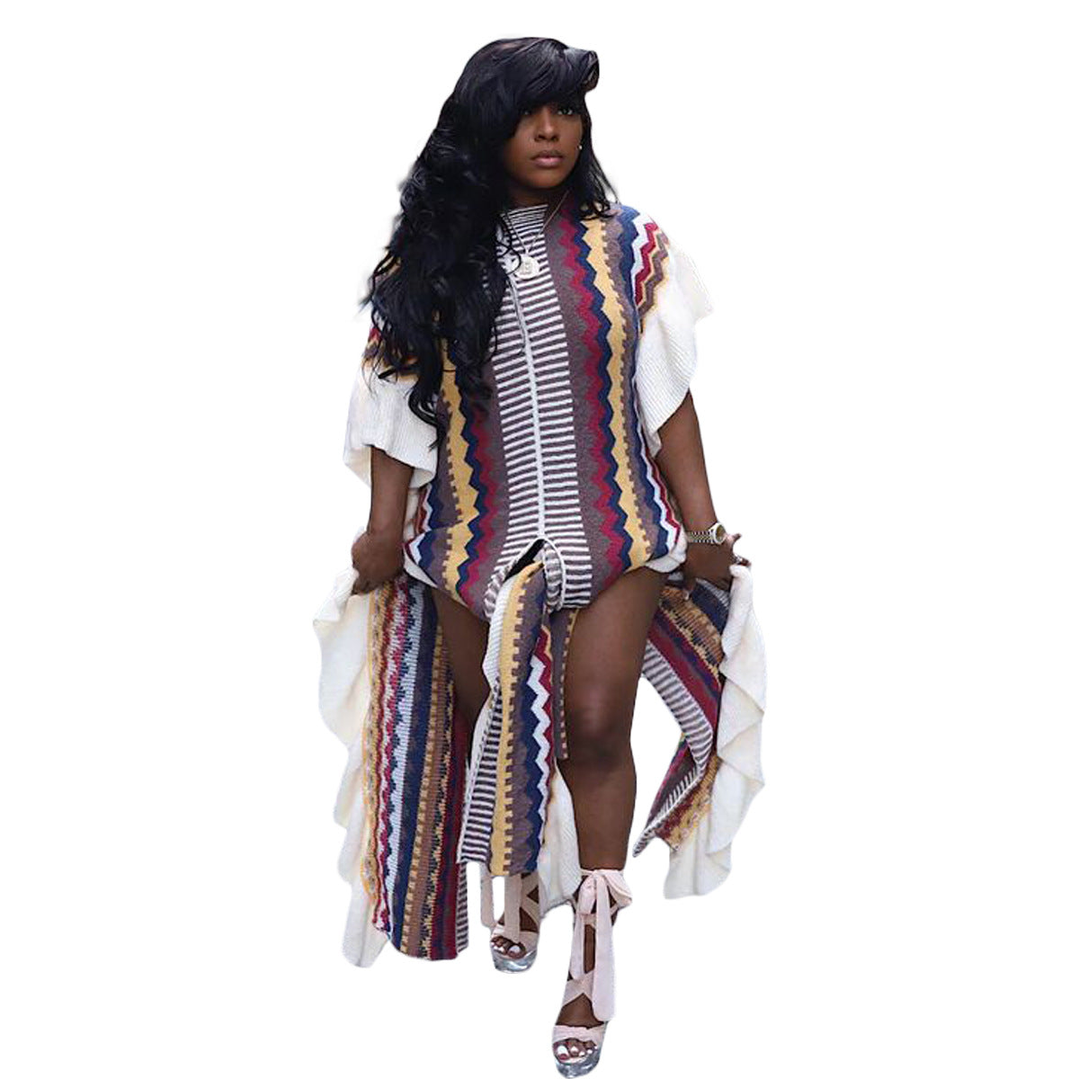 Women's Ruffled Knitted Striped Slit Long Dresses