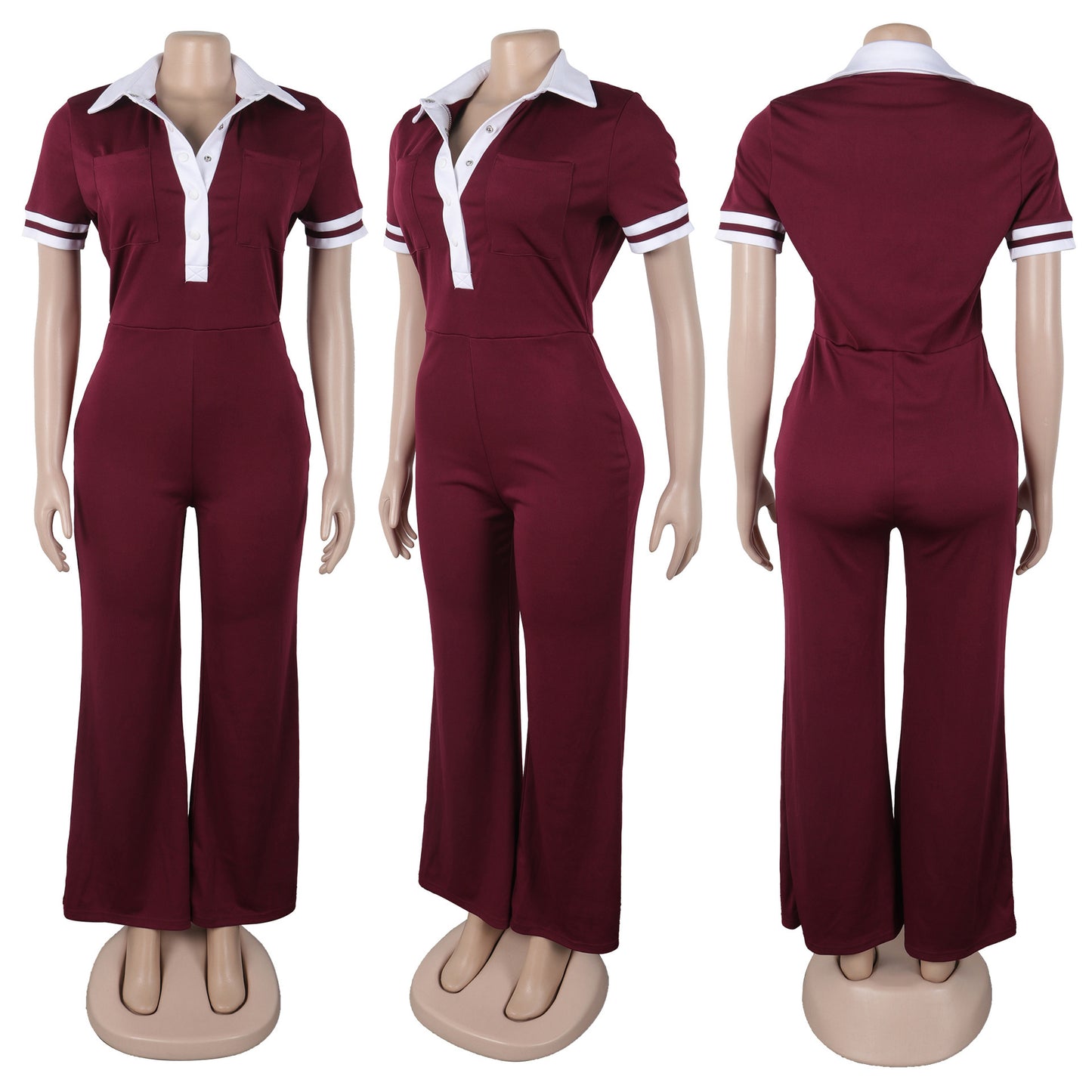Women's Elegant Stretch Contrast Color Lapels Short-sleeved Jumpsuits