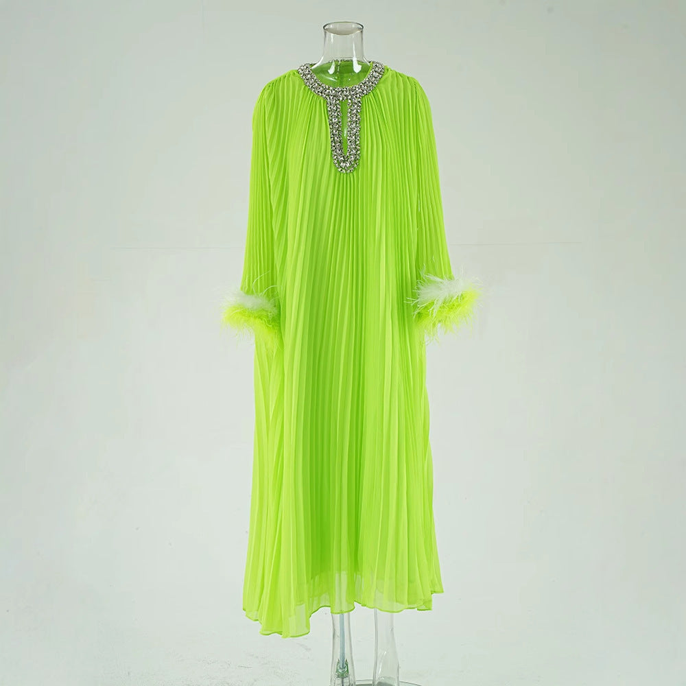 Women's Australian Fashion Beaded Feather Sleeve Long Autumn Hollow Pleated Dresses