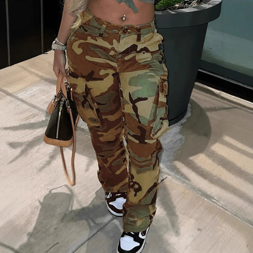 Women's High Waist Straight Multicolor Camouflage Overalls Pants
