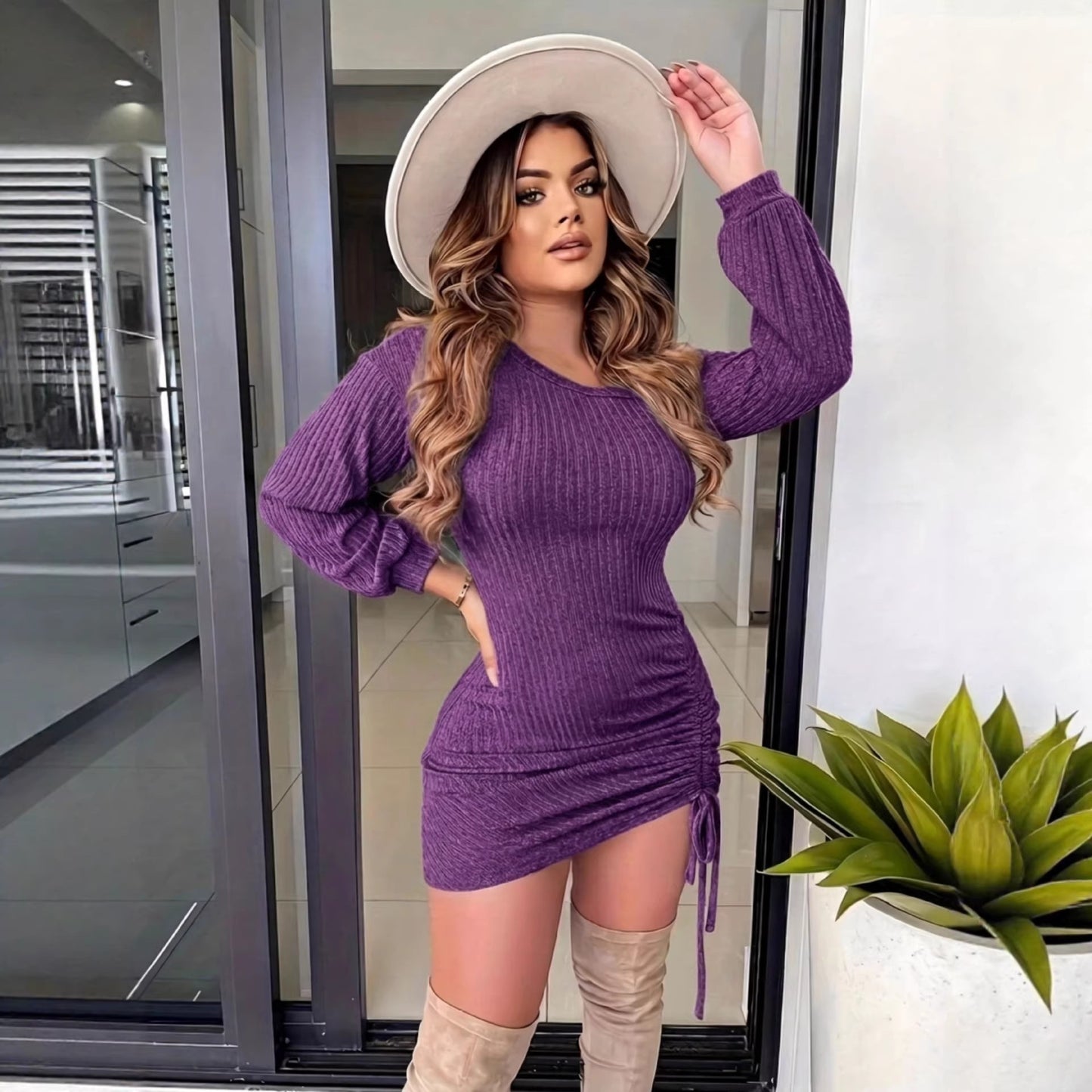 Women's Sexy Solid Color Drawstring Shoulder Long Dress