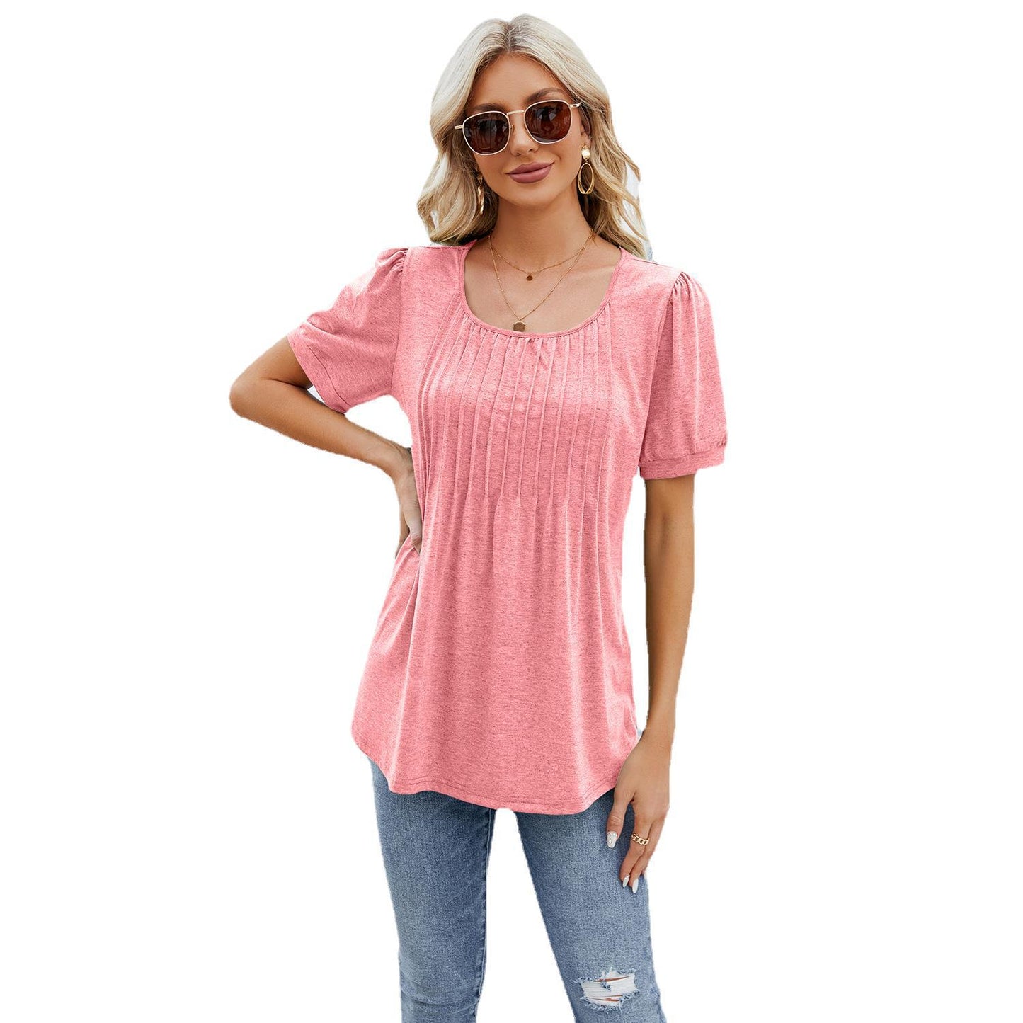 Women's Round Neck Strip Loose Sleeve T-shirt Tops