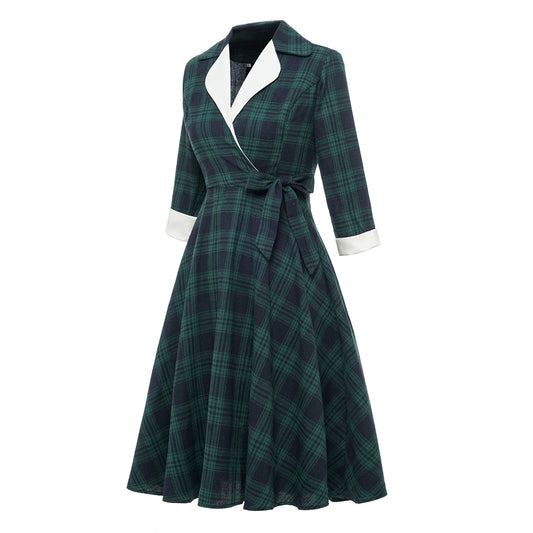 Green Plaid Swing Puffy Long Sleeve Dresses