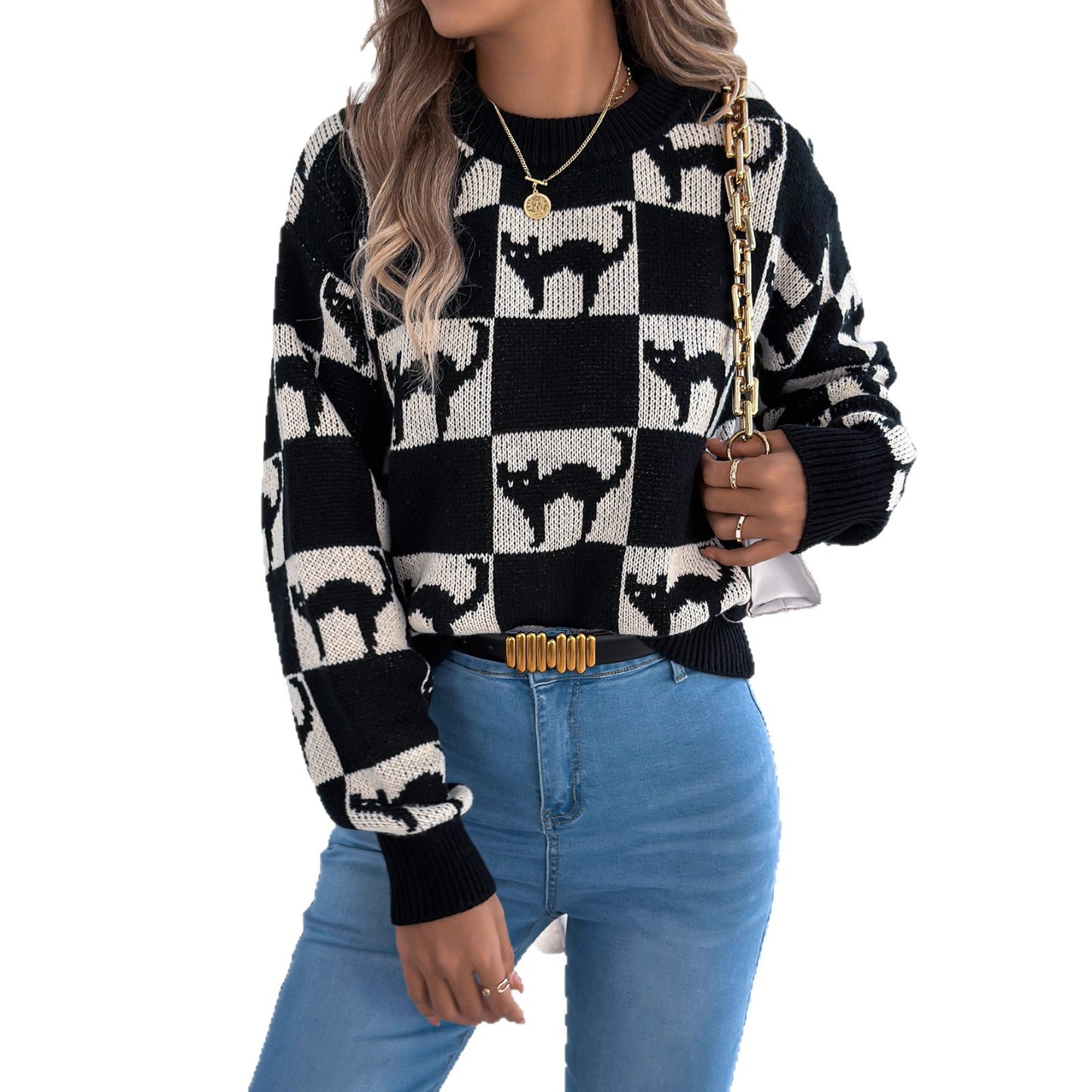 Women's Halloween Plaid Lantern Long Sleeve Pullover Sweater