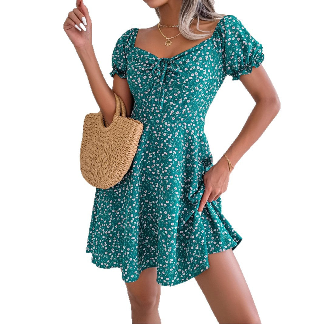 Women's Style Casual Bell Sleeve Drawstring Lace Floral Print Large Dress
