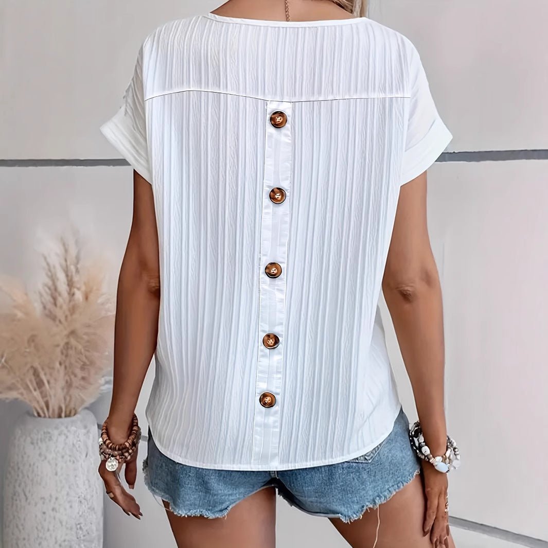Women's Summer Short-sleeved Back Breasted Design Vertical Pattern Slim Fit Tops