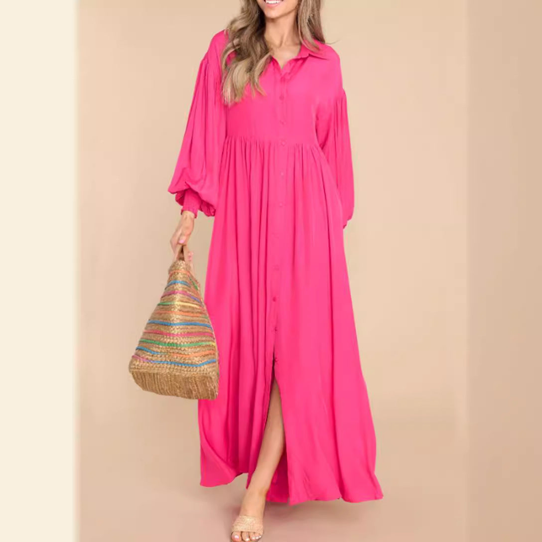 Women's Color Buttons Lapel Pleated Long Sleeve Dresses