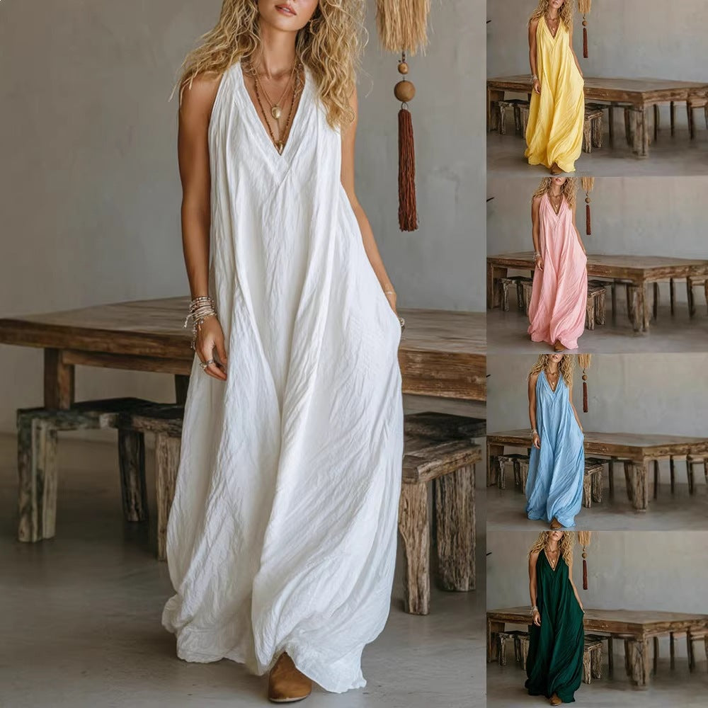 Women's Casual Sleeveless Loose Pockets Full-length Dress