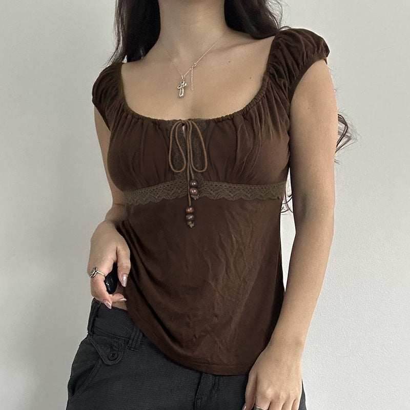 Style Beaded Drawstring Lace Stitching Sweet Pleated Blouses
